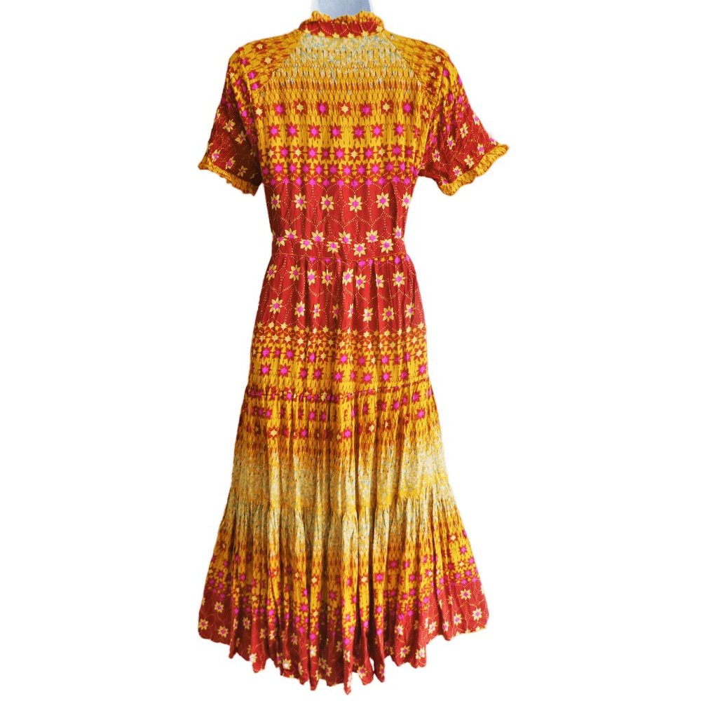 Free People Midi Dress Rare Feeling Goldenrod Combo Ruffled Pintuck Drawstring S - Picture 3 of 9